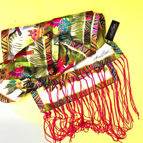 Laurel Burch Accessories - LAUREL BURCH tropical jungle cats florals leaves birds scarf 100% silk beads